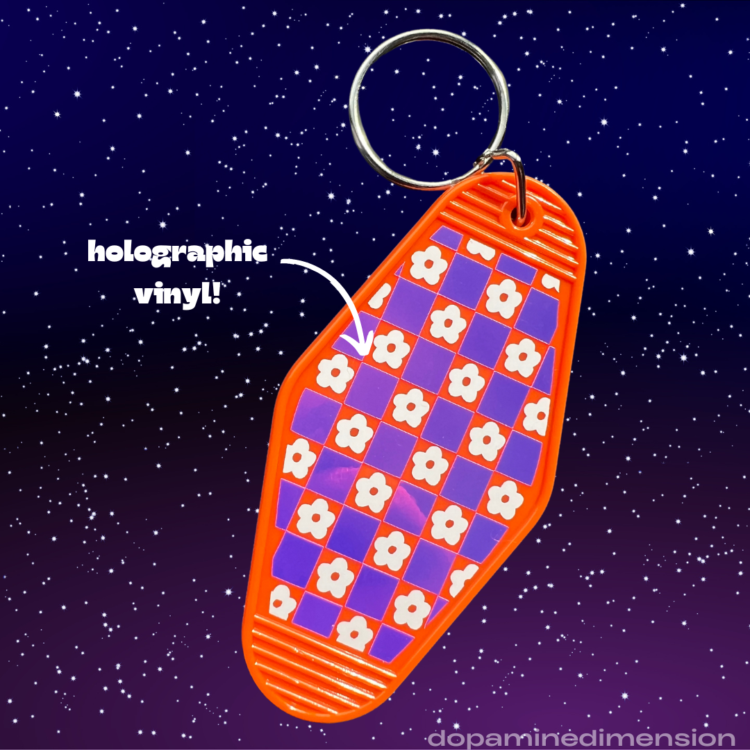 Orange Holographic Checkered Floral Motel Keychain