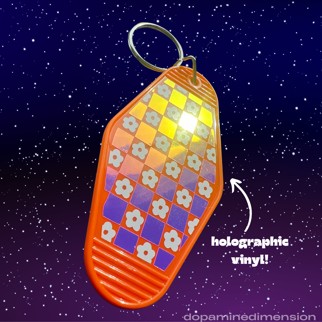 Orange Holographic Checkered Floral Motel Keychain