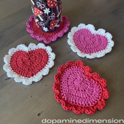 Frilly Heart Crochet Coaster Set
