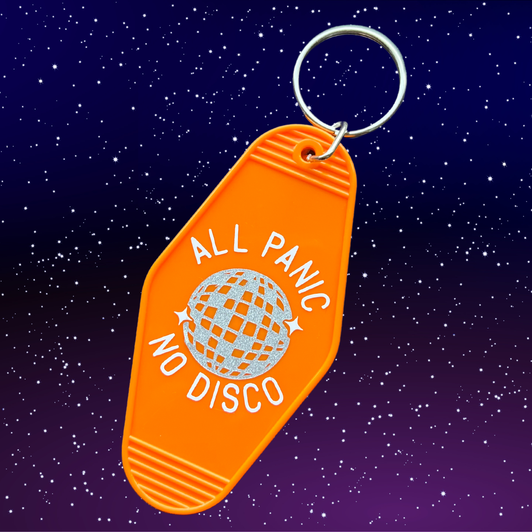Orange "All Panic No Disco" Motel Keychain