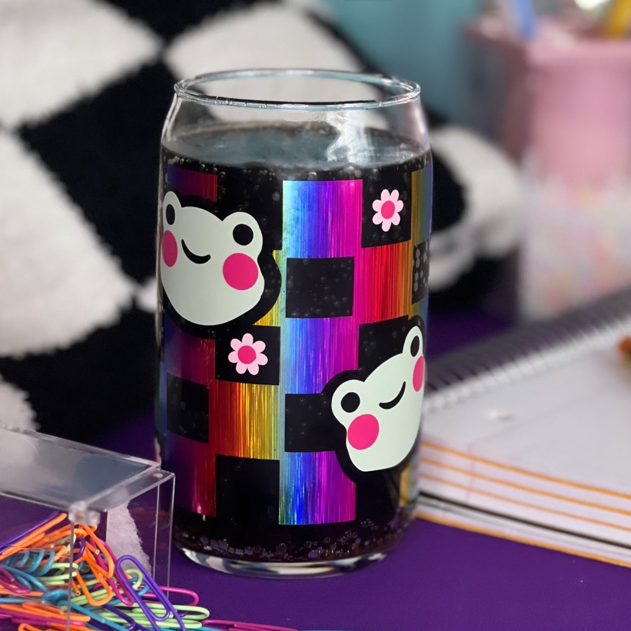 Rainbow Checkered Frog Glass